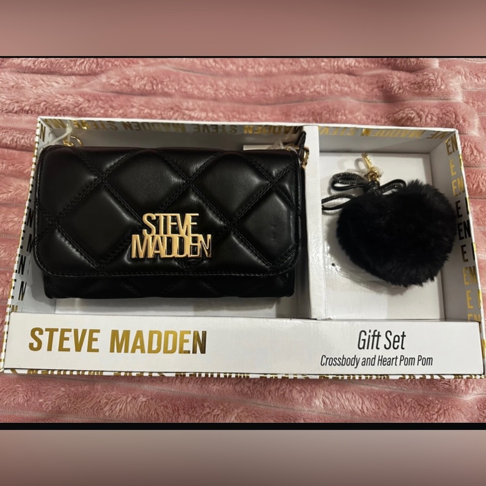 Steve Madden Black Quilted Crossbody Wallet with Gold Logo and Pom Pom